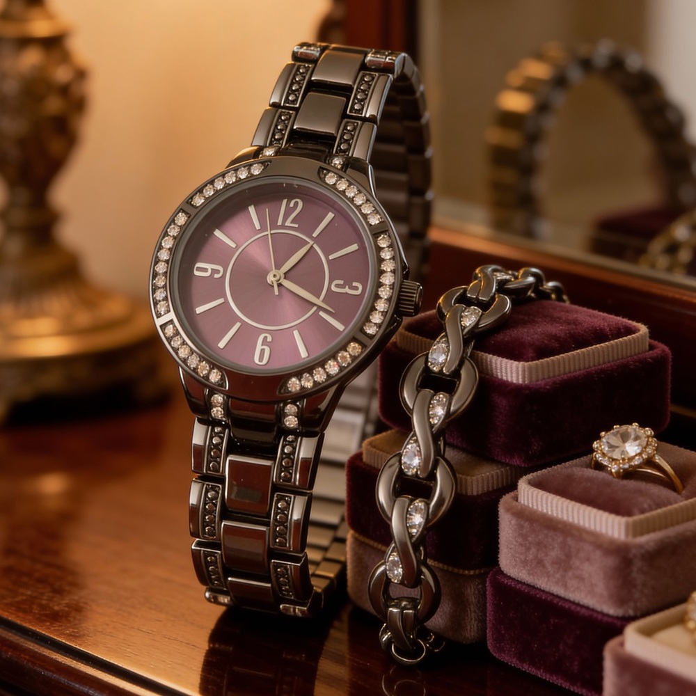 Elegant Purple/Brown Metal Watch Set with Crystals